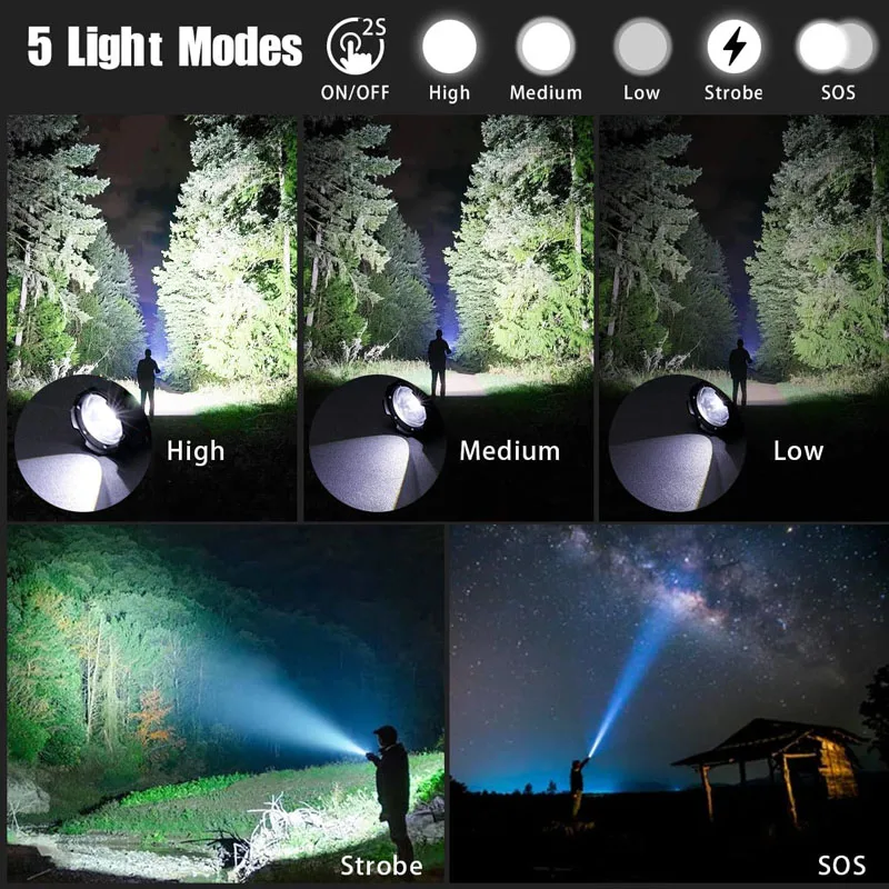 Linterna táctica LED recargable de alta potencia, lámpara con Zoom telescópico de aleación de aluminio para acampar al aire libre y pescar