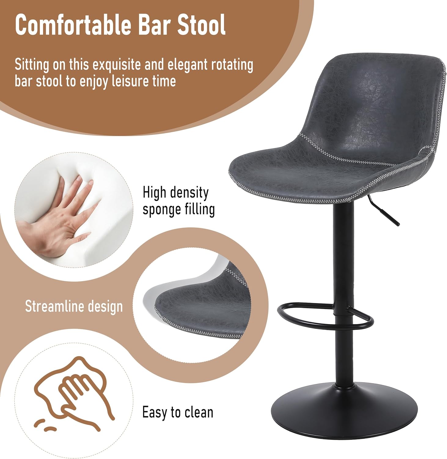 Bar Stools Set of 4, Swivel Counter Height Barstools with Back,Adjustable Modern Bar Chairs,Tall Armless PU Leather