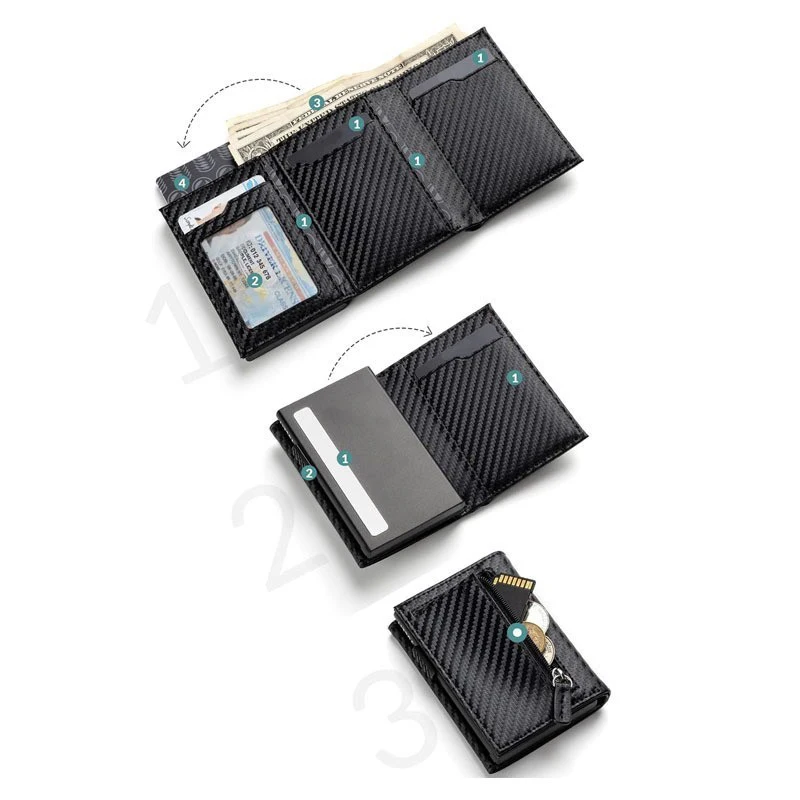 กระเป๋าสตางค์พับสองทบผู้ชายคาร์บอนไฟเบอร์และอลูมิเนียม - RFID Blocking ที่ใส่บัตรป๊อปอัพอัตโนมัติ, ช่องใส่เหรียญ, กระเป๋าเงินธุรกิจ