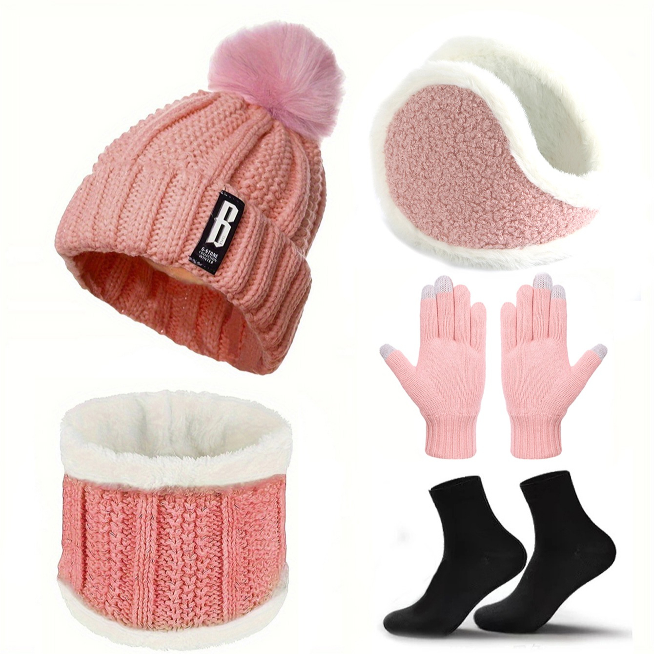 5pcs Women Warm Hat Winter Hat Wool Beanie Hats Thicken Knitted Cap Warm Scarf Gloves Hat Plush Earmuffs Thermal Socks