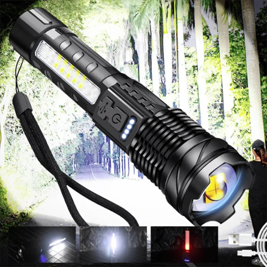 Carga de linterna de luz fuerte, larga resistencia, iluminación multifuncional de largo alcance para exteriores, linterna con luz de trabajo