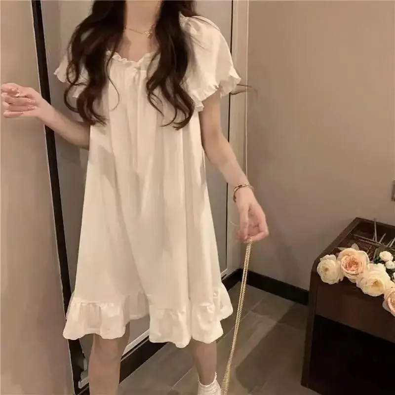 Branco meados de comprimento camisola pijamas de verão roupas de casa das mulheres novo vestido coreano pijamas para dormir sexy nightwear mulher topo