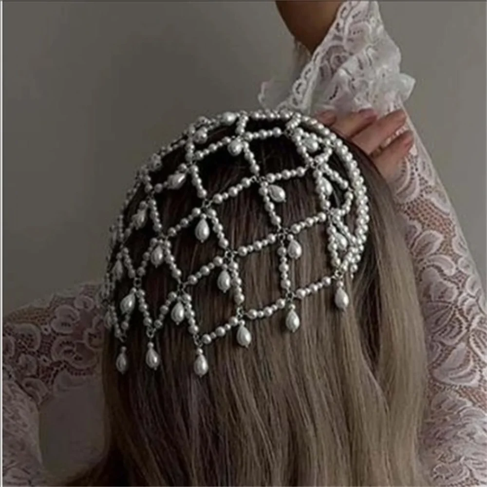 Diadema de sombrero de malla explosiva para mujer, diadema de perlas de los años 20, tocado retro de moda bohemia