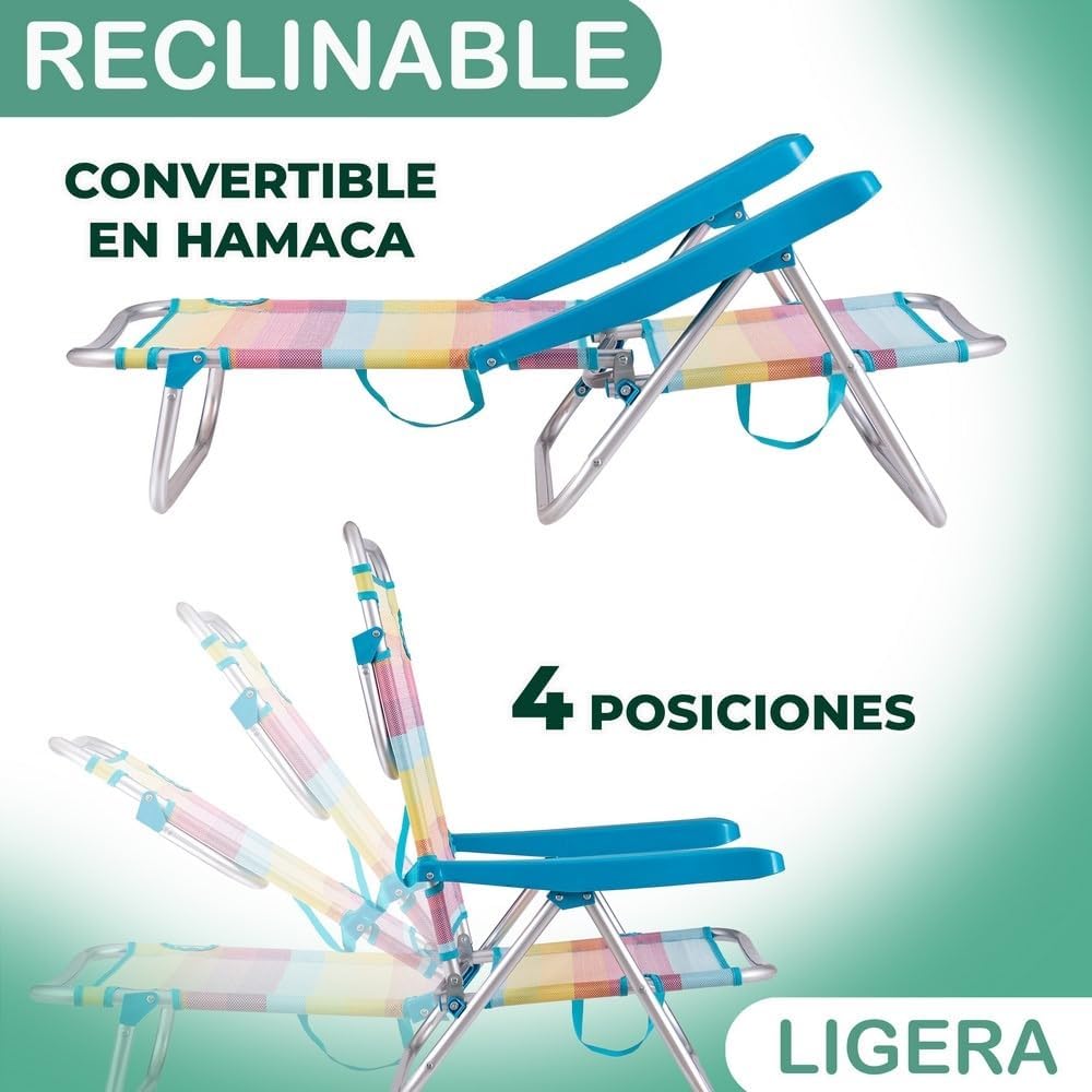 Pack 2 Sillas Playa Plegables |   Ligera Portátil |   Baja y Reclinable de 4 Posiciones |   para Camping, Piscina, Terraza o Jardín (M