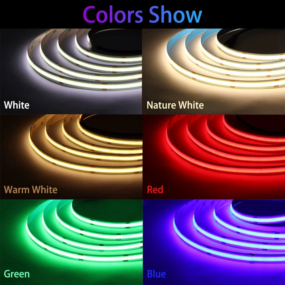 COB LED Strip Light ความหนาแน่นสูง Linear Lighting 480/528 LEDs/M เทปยืดหยุ่นธรรมชาติสีขาวสีแดงสีฟ้าสีเขียว Decor DC12/24V