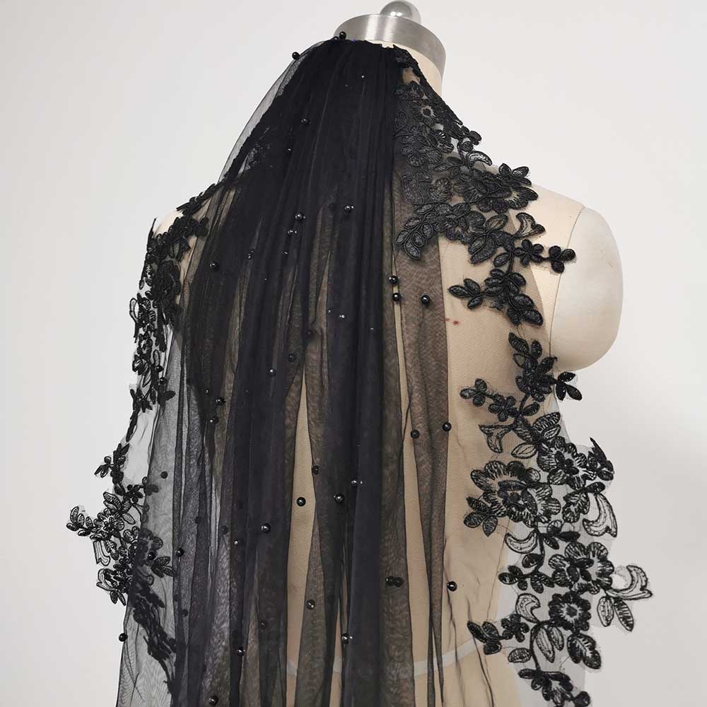 Maßgeschneiderter schwarzer Perlen-Spitzen-Hochzeitsschleier, kurzer Brautschleier mit Kamm, eine Schicht, 1 m Schleier für die Braut, Velos de Novia