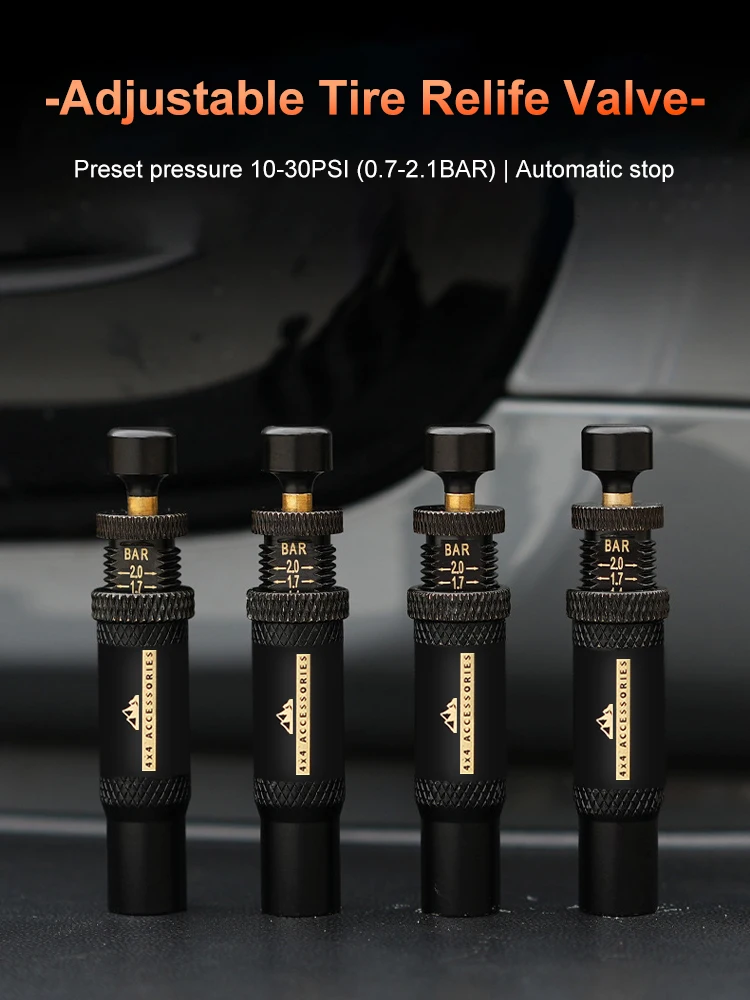 Kit de válvula deflactor de neumáticos de parada automática ajustable, 4 Uds., (10-30 PSI), herramienta de aire descendente de neumáticos atornillada para vehículos, motocicletas, todoterreno, 4x4