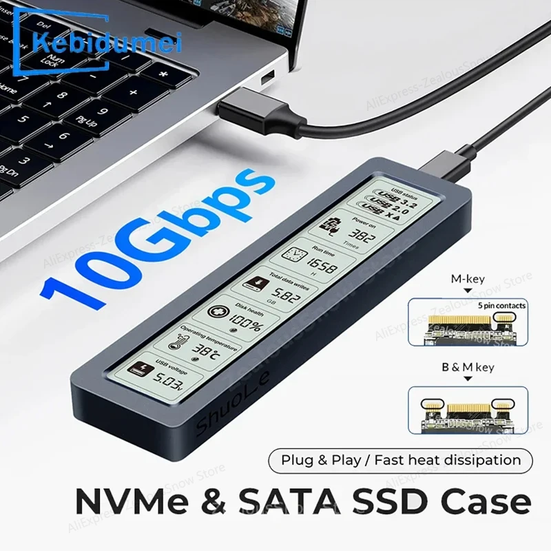 Корпус SSD M2 NVMe SATA Dual Protocol 10 Гбит/с с экраном дисплея Интеллектуальный цифровой USB3.2 Gen2 Type C Дисковая коробка Корпус M.2 SSD