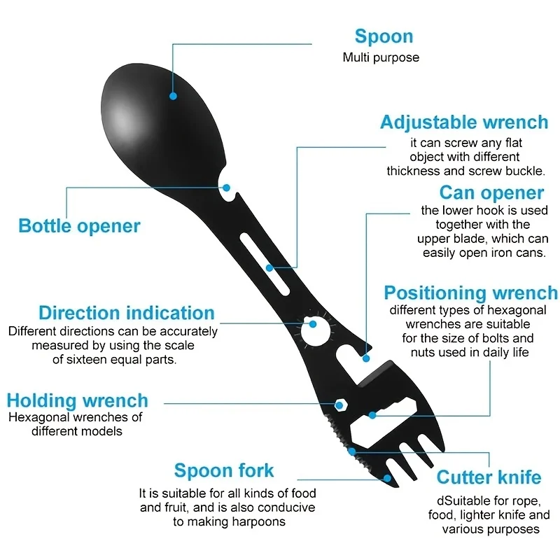 Spork multifunzionale 10 in 1: cucchiaio per utensili portatile in acciaio inossidabile, apriscatole, coltello seghettato, chiave inglese, indicatore di direzione
