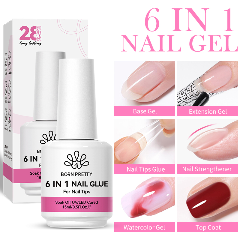BORN PRETTY 15/10 мл 6 в 1 Клей-гель для ногтей для акриловых ногтей Soak off Base Gel Верхнее покрытие УФ-гель для наращивания ногтей Гель для накладных ногтей
