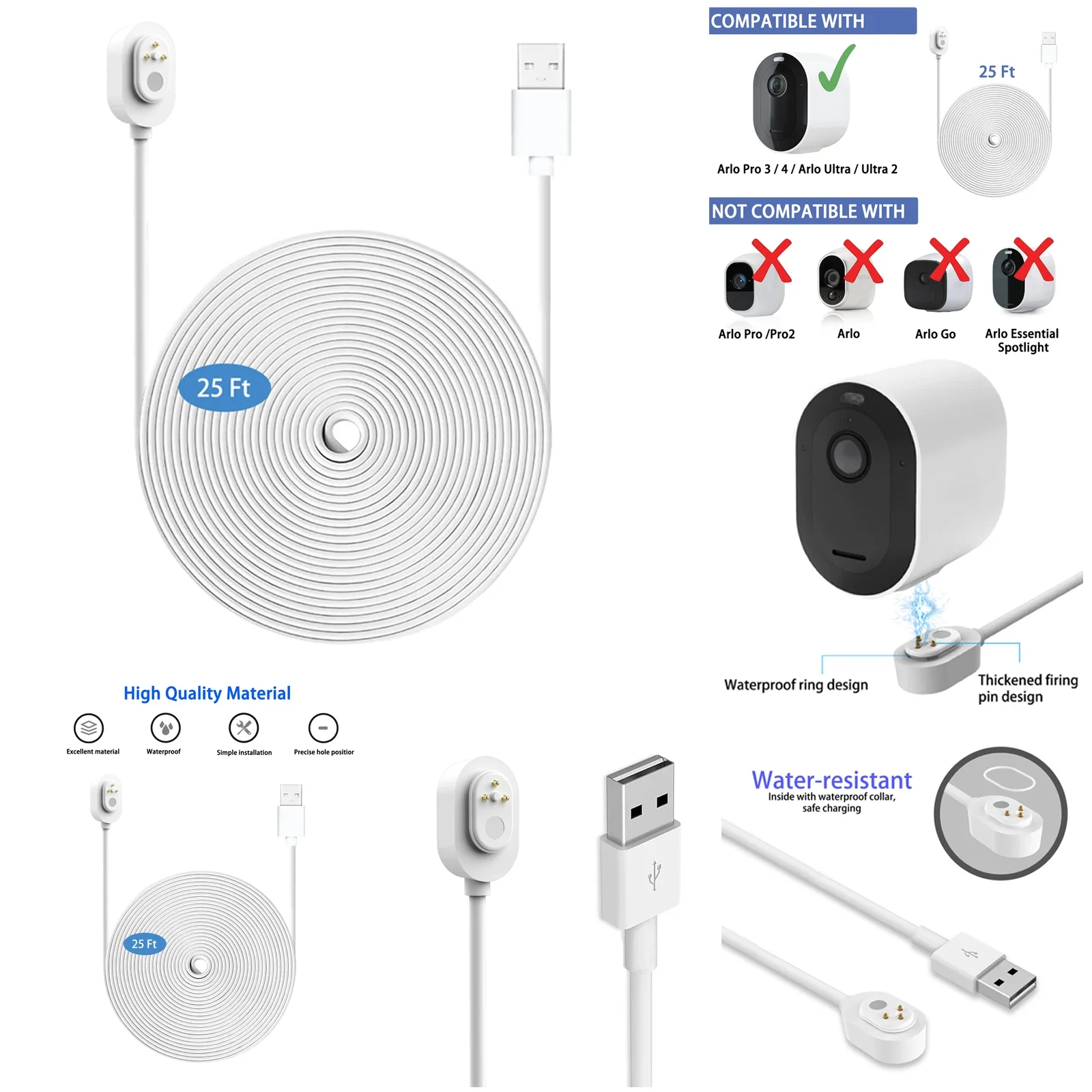 Cable de carga exterior resistente a la intemperie de 25 pies/7,6 m para Arlo Ultra/Ultra 2/Pro 3/Pro 4/Go 2/PRO 5S (blanco)
