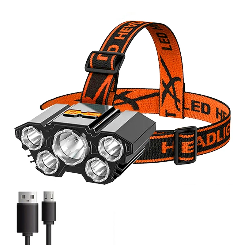 Torcia frontale ricaricabile a 5 LED con batteria 18650 incorporata Luce forte Lampada frontale da pesca per avventure da campeggio