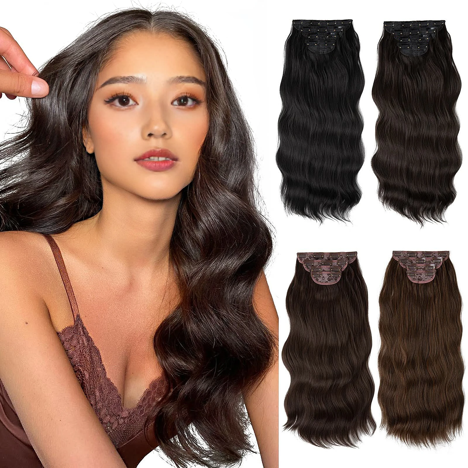 Clipe sintético ondulado longo em extensões de cabelo para mulheres, peruca grossa diária, peças falsas naturais, preto marrom, 4 peças, conjunto