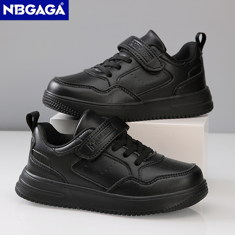 Crianças tênis meninos sapatos casuais de couro preto plana estudante sapatos de caminhada antiderrapante menina leve esportes tênis calçado