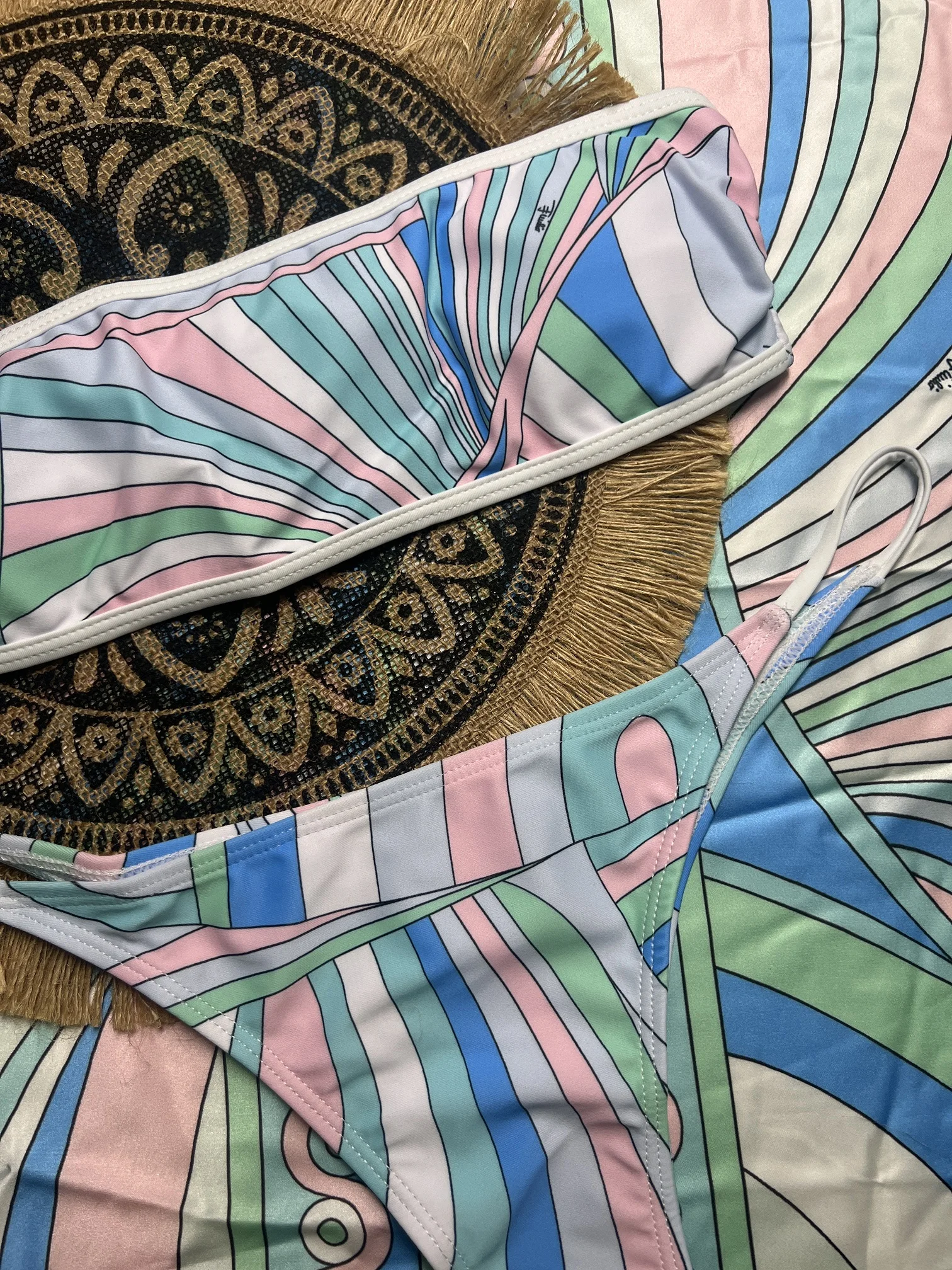 2025 ストライプビキニスカーフビーチウェア女性水着スリーピース水着 Tバック水着