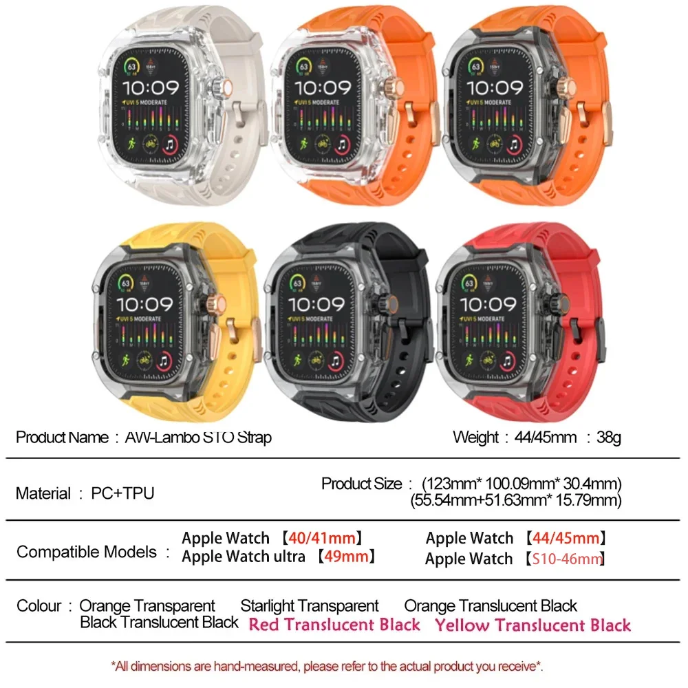 Transparent Modification Kit For Apple Watch Ultra 9 8 7 49mm 44mm 45mm Strap+Case For iWatch Series 6 5 4 Rubber Band Refit Mod
