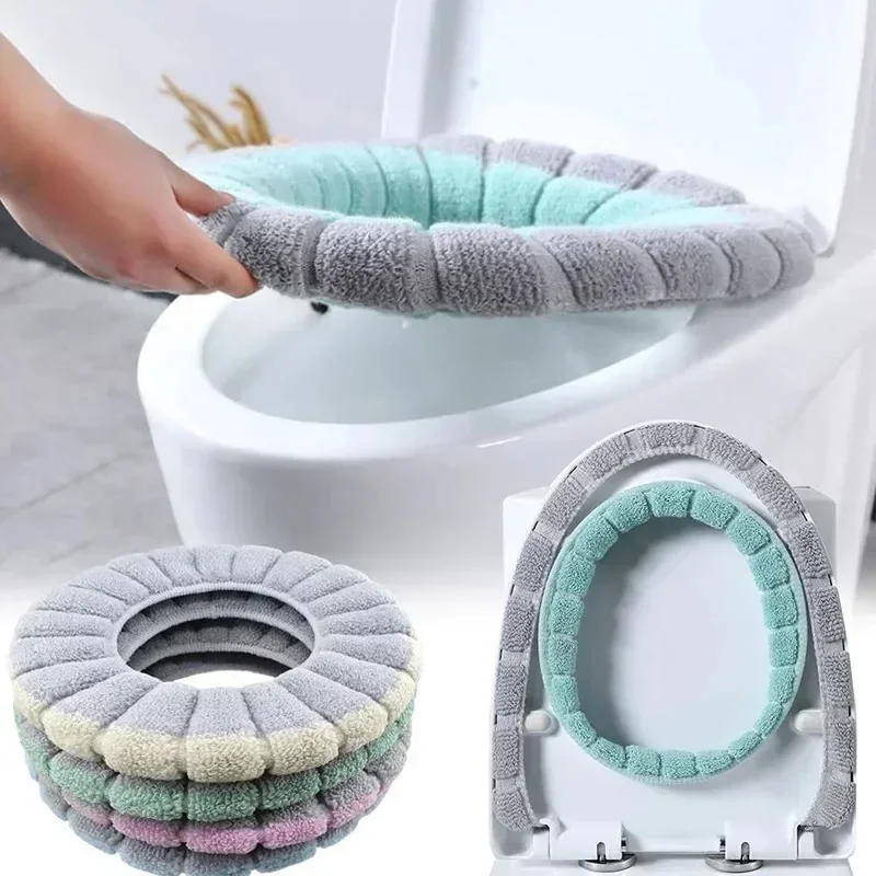 Funda Universal para asiento de inodoro, alfombrilla suave y cálida para asiento de invierno, almohadilla polar en forma de O, cojín para asiento de baño con asa, accesorios de baño