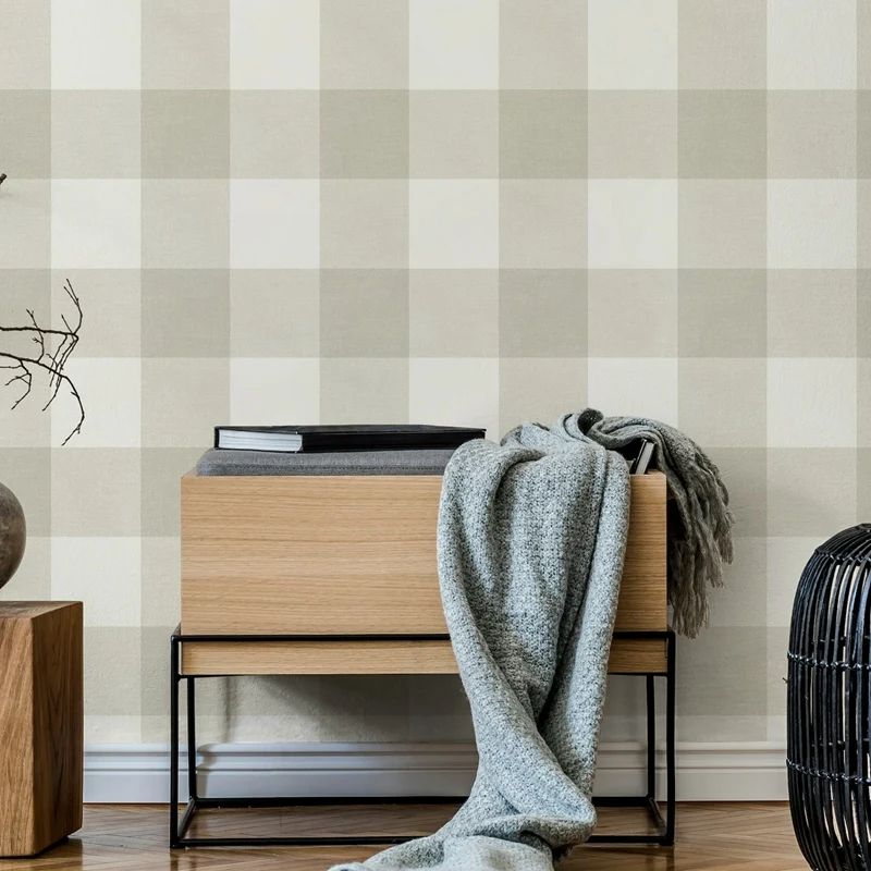 Papel de parede xadrez de guingão, papel de parede removível grande bege neutro para decoração de arte de parede de quarto, papel de parede autoadesivo