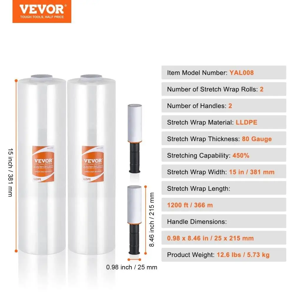 2-Pack 15 x 1200ft Heavy Duty Stretch Film - 80 Gauge Clear Wrap with Handles for Shipping, for pallet Wrapping & Moving