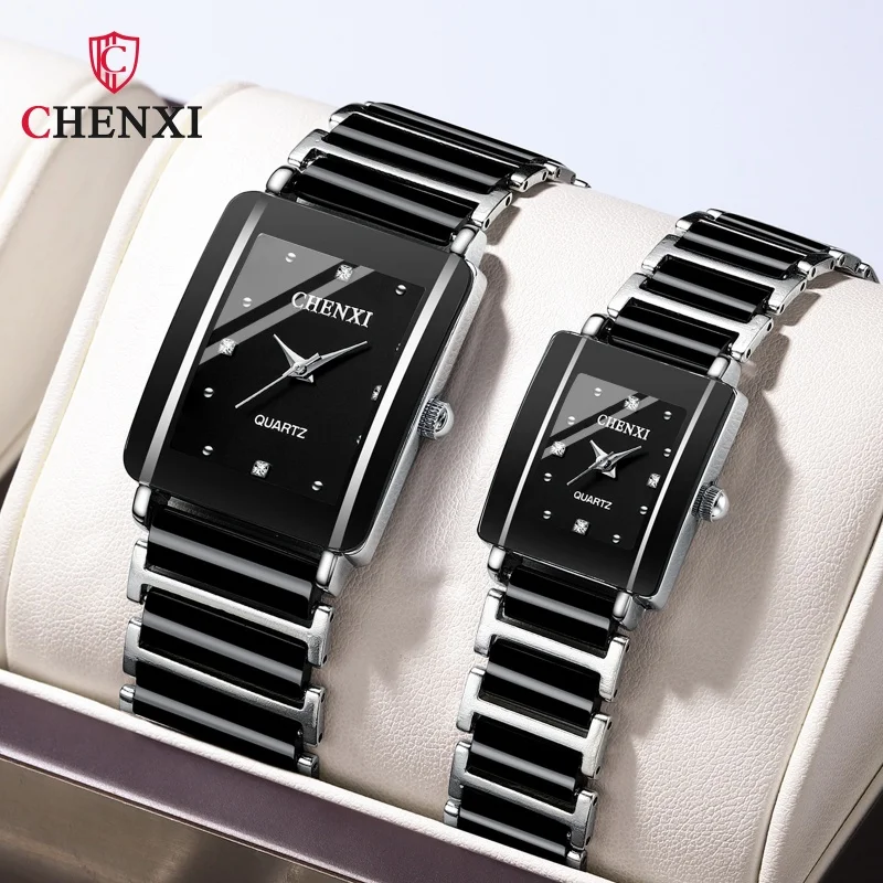 CHENXI 104A ยี่ห้อผู้ชายนาฬิกาควอตซ์ Elegant Square Dial reloj เซรามิคกันน้ํา montre Lady แฟชั่นคู่นาฬิกา