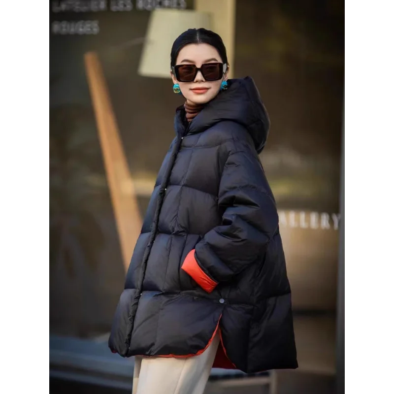 Roupas de inverno para mulheres moda cor colisão engrossado quente puffer jaqueta casual solto com capuz pato branco para baixo jaqueta