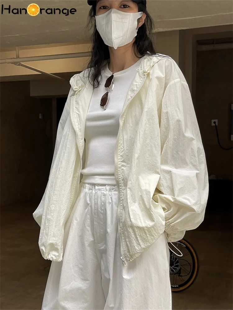 HanOrange-Jaqueta feminina transparente clara com capuz, jaqueta com protetor solar, silhueta solta, manga longa fina, fêmea, verão, 2024