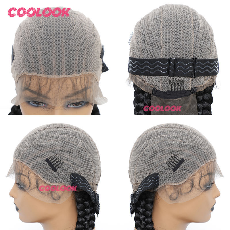 黒人女性のための完全なレースの編みこみのかつら,合成の結び目のない髪,長い編みこみの箱,赤ちゃんの髪,女神の編みこみのかつら,360