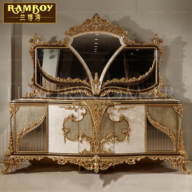 Kabinet samping meja ukir kayu padat dicat Perancis kabinet foil emas kabinet penyimpanan samping restoran Eropa solid w