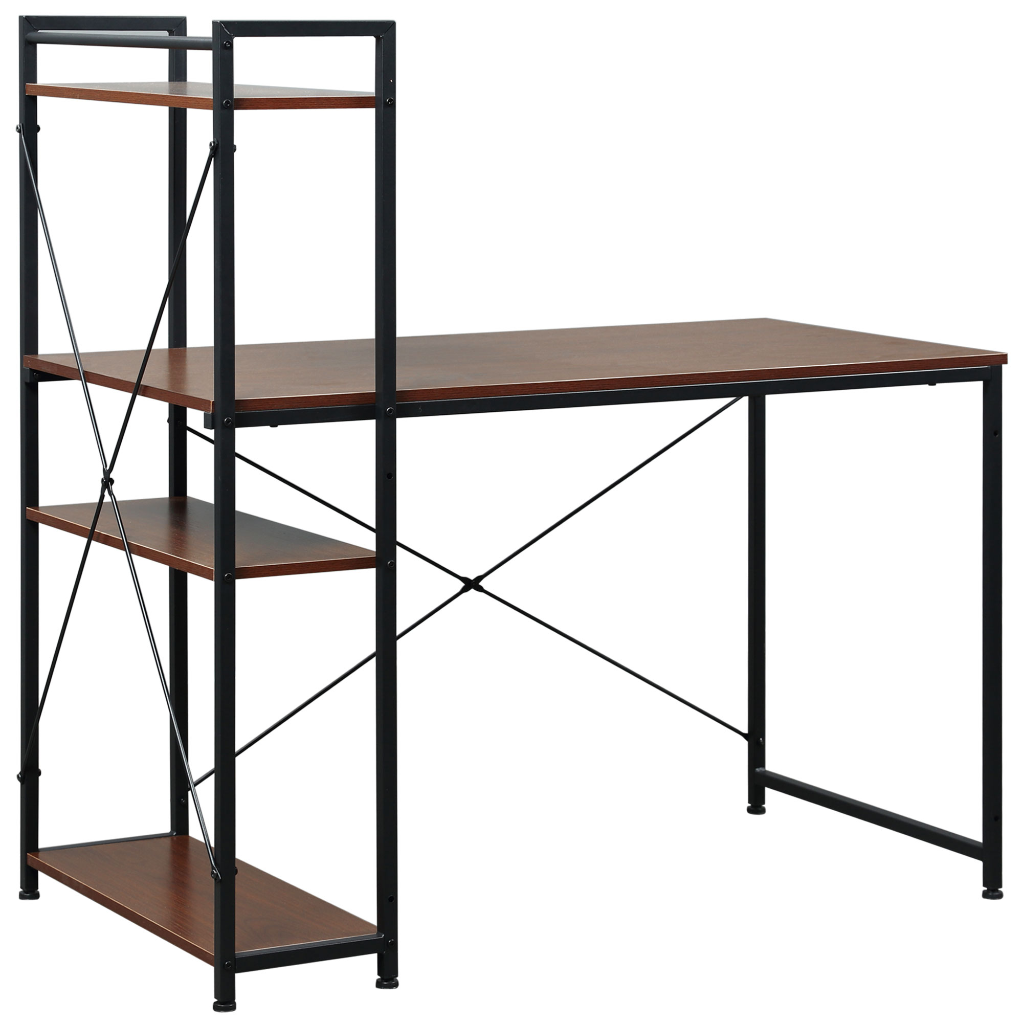 HOMCOM Computer Desk Laptop Table w/4-tier Bookshelf  Metal Frame Walnut, Black