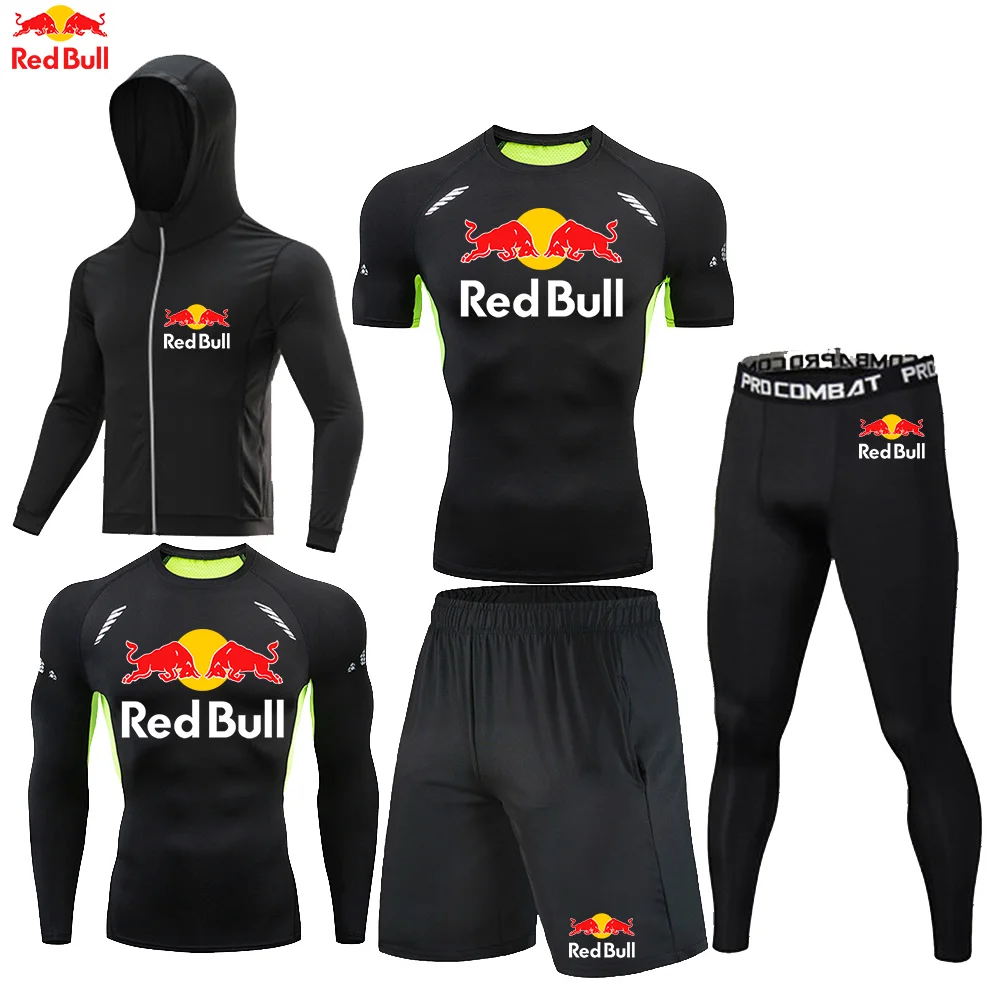 Red bull moda 5 peças conjunto de roupas esportivas de corrida dos homens fitness jogging ternos de compressão roupas de treinamento ajuste seco leggings