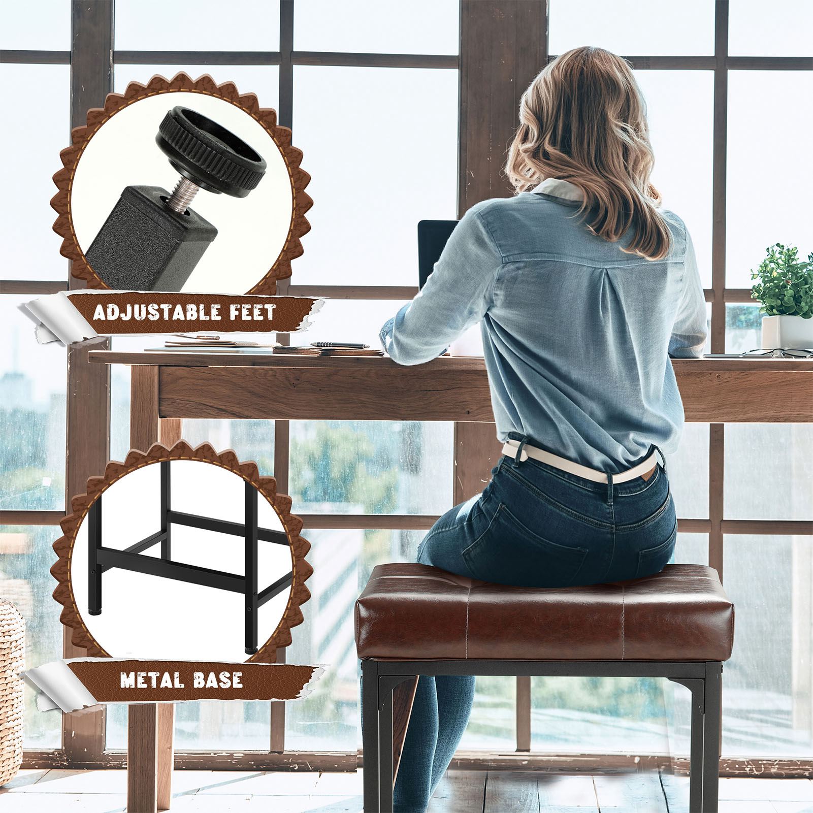 Braune Thekenhocker im 2er-Pack mit gepolstertem Sitz und Metallrahmen – Barhocker mit niedriger Höhe für Küche, Wohnzimmer, Zuhause, Kneipe, bequem