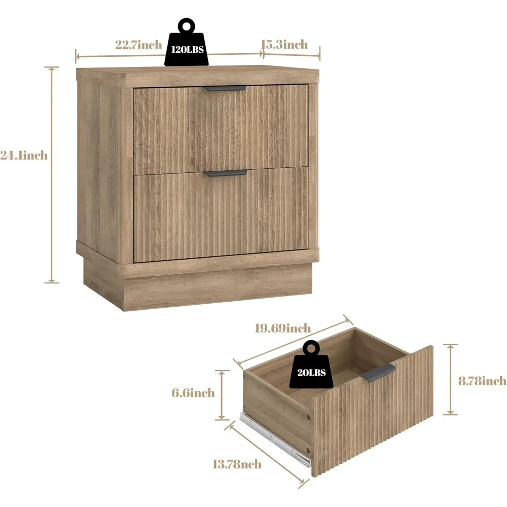 Fluted Nightstand with 2 Drawers Farmhouse Wood Oak Nightstands for Bedroom, Bedside Tables for Small Space,Sofa Side Table