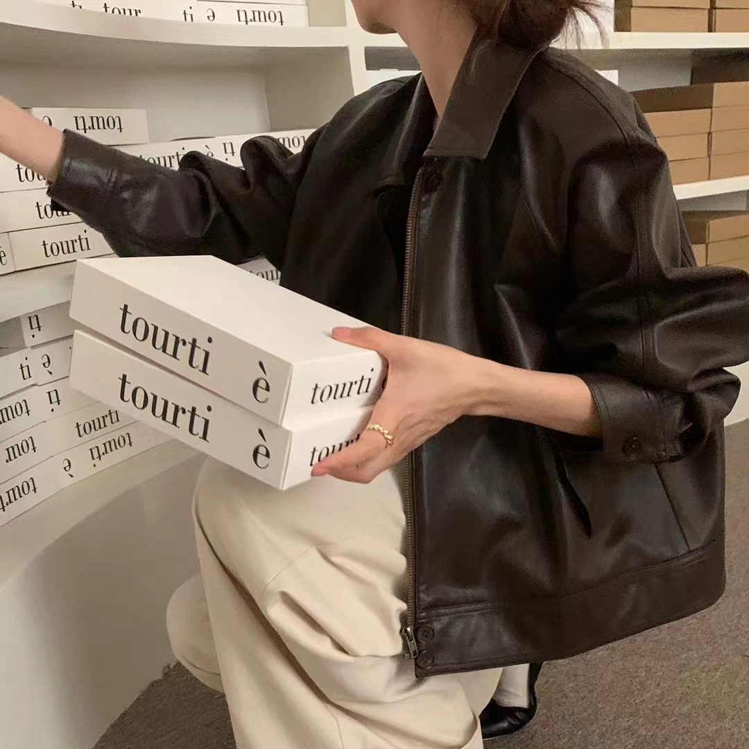 Retro Slish Lapel Zipper Pocket Loose Versatile BF Sle Motorcycle Jacket Leather Coat Outerwear Elegant Fashionable