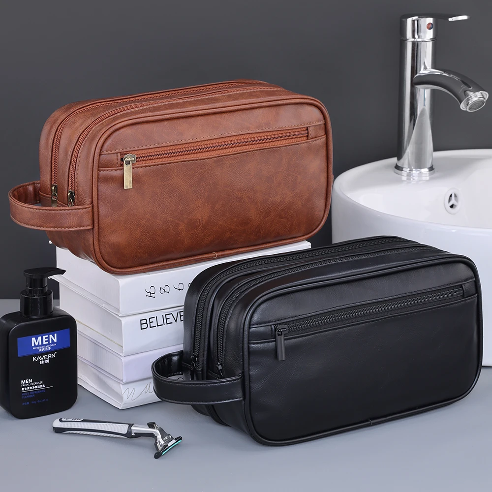 Neceser de doble capa para hombre, organizador de viaje de cuero PU, Kit Dopp, bolsa de cosméticos de afeitado resistente al agua, Strorage