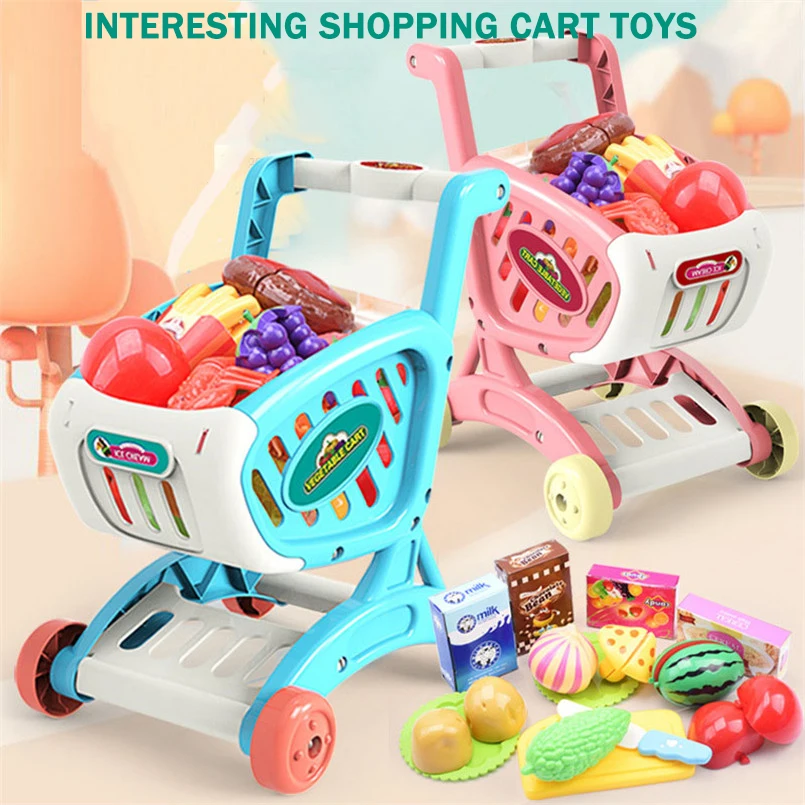 Lernspielzeug-Set für Kinder, Supermarkt-Einkaufswagen mit Trolley, zum Schneiden von Lebensmitteln, Obst, simuliertes Spielen, 15-teilig, Simulation für Mädchen