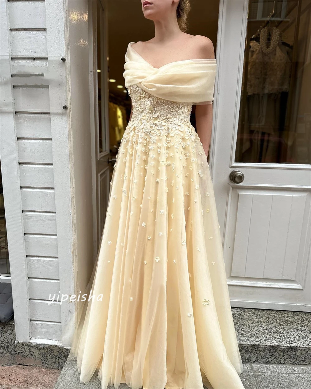 Customized Tulle Applique Draped Pleat Wedding Party A-line Off-the-shoulder Bespoke Occasion Gown