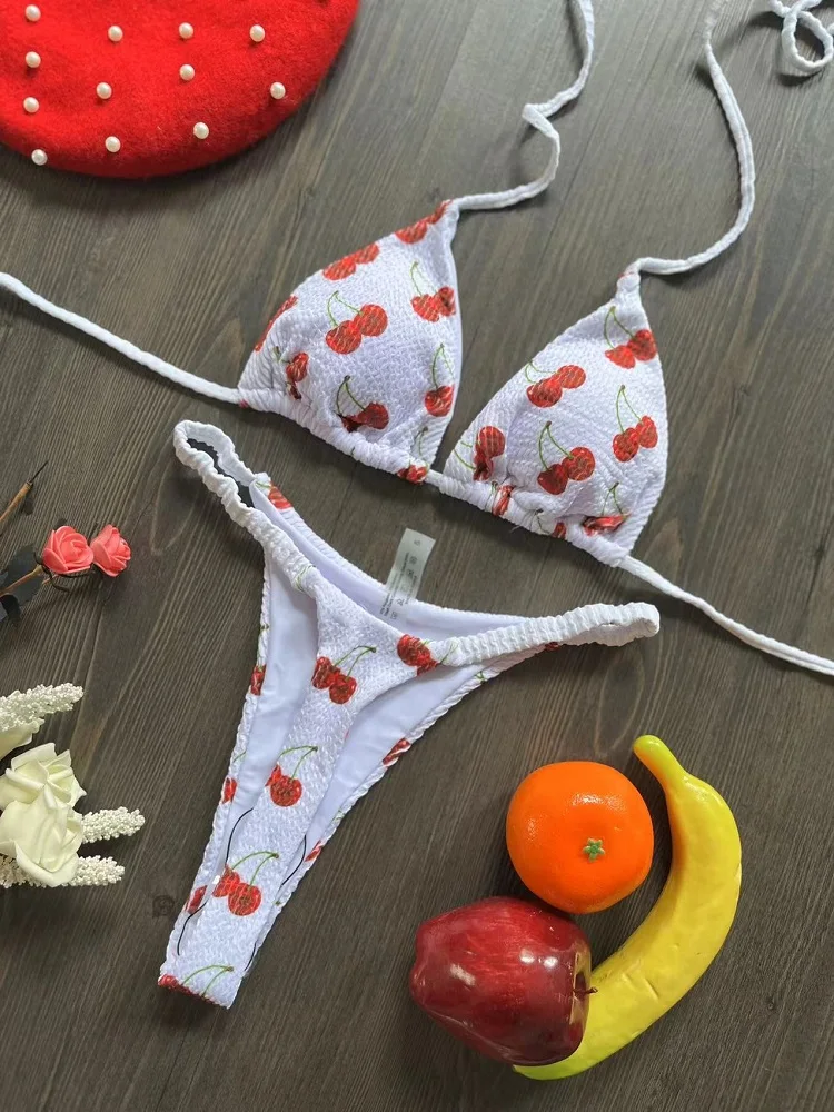 Maillots de bain femmes mignon cerise imprimé brésilien string Bikini ensemble Sexy string maillot de bain deux pièces maillot de bain femmes 2023 vêtements de plage
