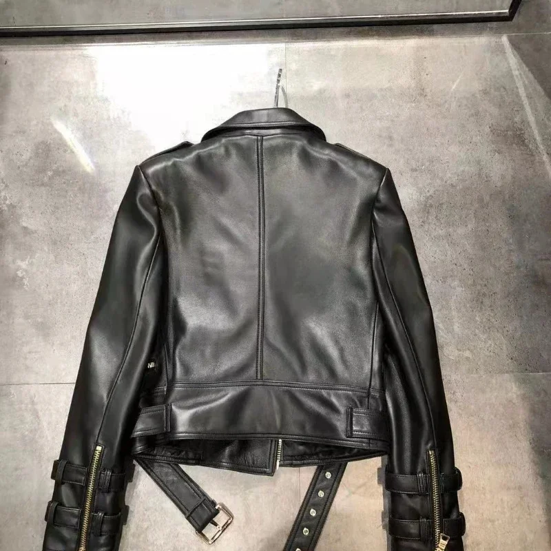 Real Leather Jacket Women Sheepskin Jacket Coat Spring Casual Slim Motor Biker Long Sleeved Zipper Lapel Jacket Lady Outerwear