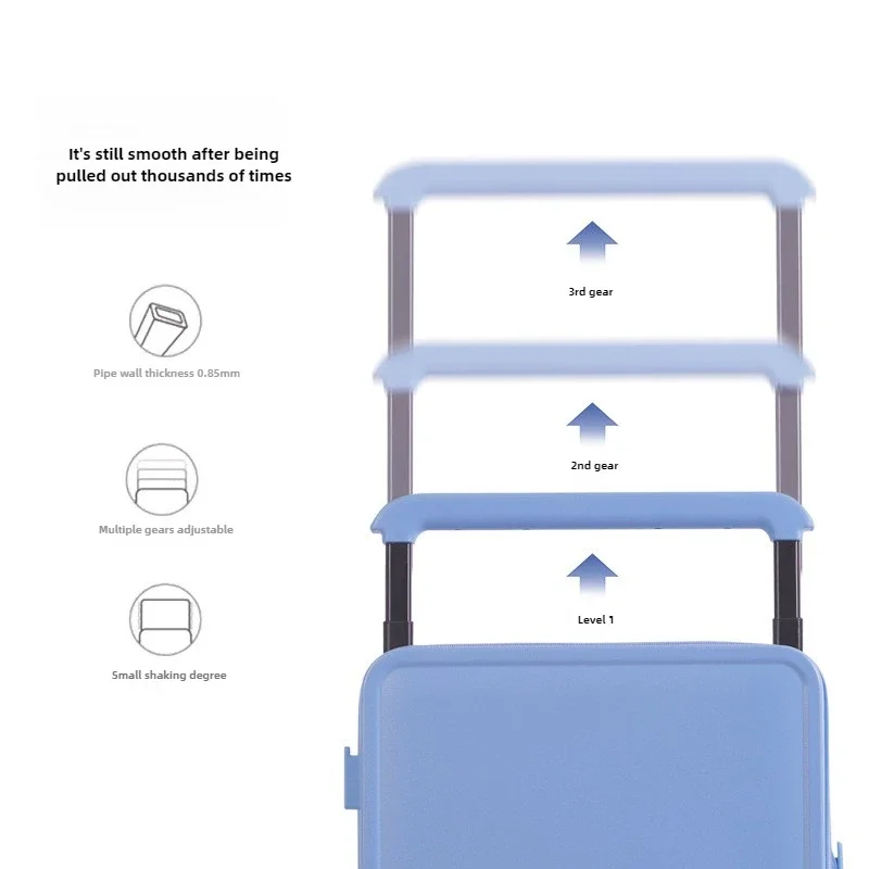 Nova bagagem com haste de tração larga, estojo de viagem com roda absorvente de choque de nível off-road, zíper YKK, material PC alemão Bayer, grande capacidade
