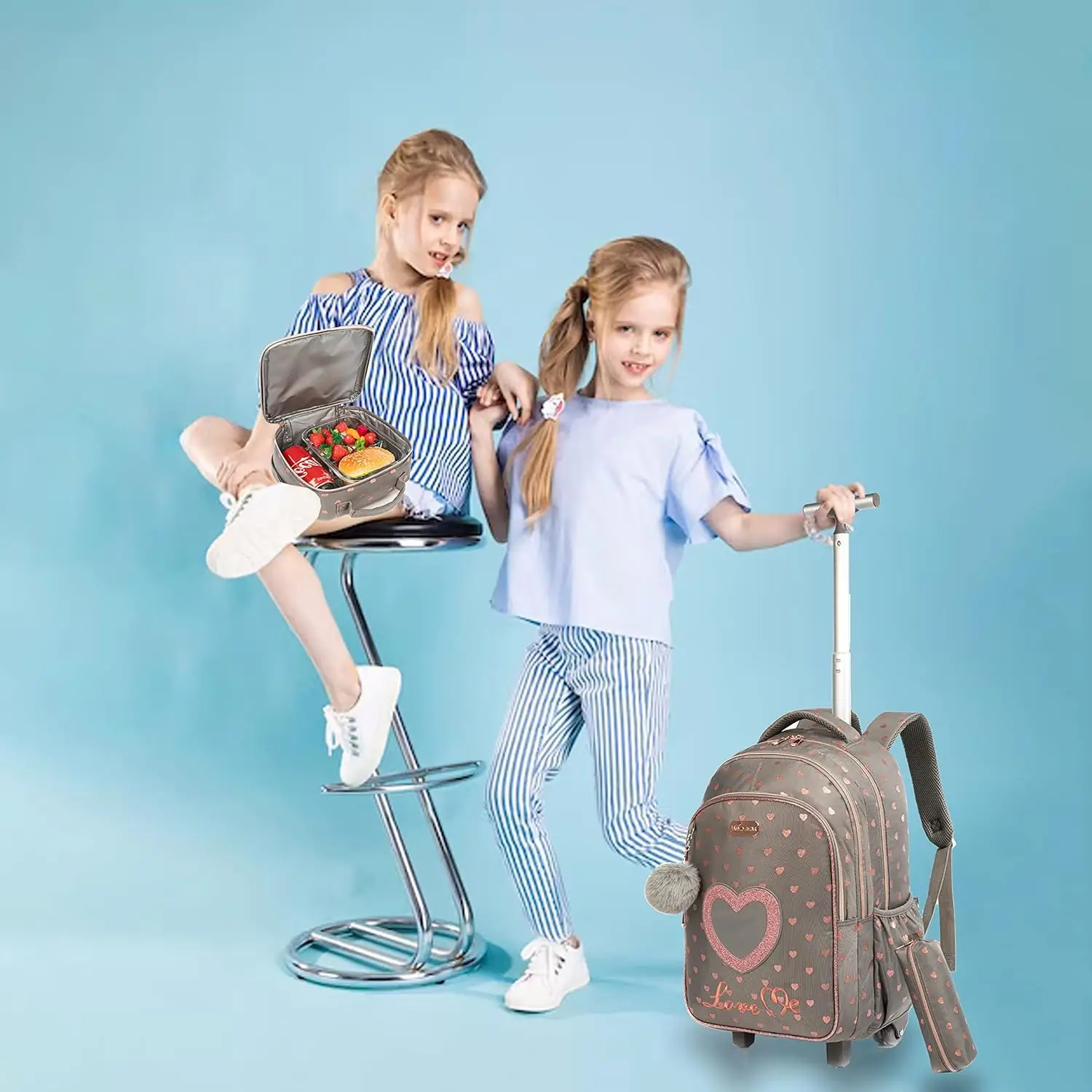 Mochila infantil com rodas, conjunto com lancheira, mochila escolar com rodas, carrinho escolar para meninas