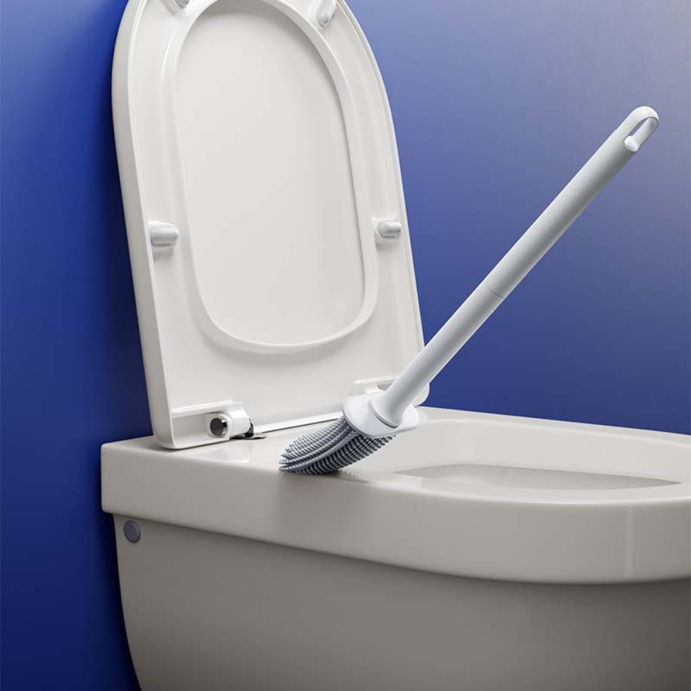 Cepillo de limpieza de inodoro de silicona mejorado, cepillo de cerdas suaves de cabeza plana con soporte, cepillo limpiador de Wc Flexible sin muertos para Baño