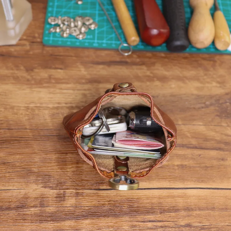 Tas kunci mini vintage wanita dari kulit sapi lapisan pertama yang diolah dengan bahan nabati, tas kartu, dompet koin, tas penyimpanan.