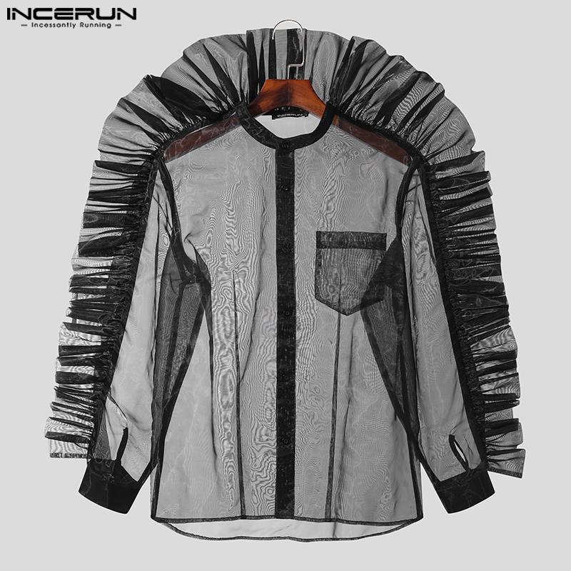 Casual Stilvolle Stil Tops INCERUN Herrenmode Sexy Plissee Mesh Shirts Hübscher Männlicher Patchwork Langarm Bluse S-5XL 2023