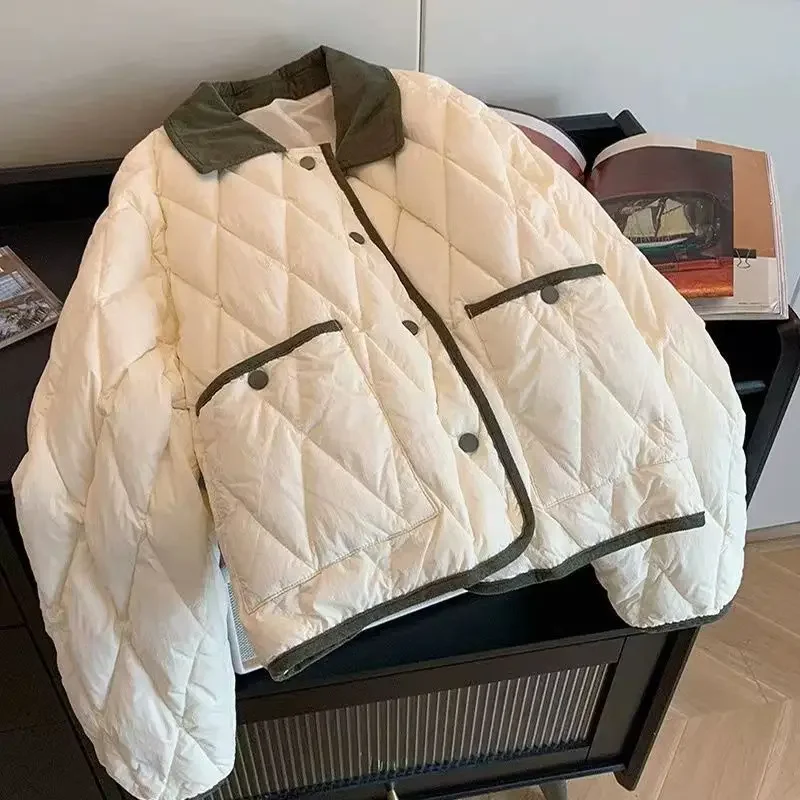 Casaco de algodão acolchoado com lapela de cor feminino, jaqueta cropped versátil, moda outono e inverno, estilo coreano, versátil