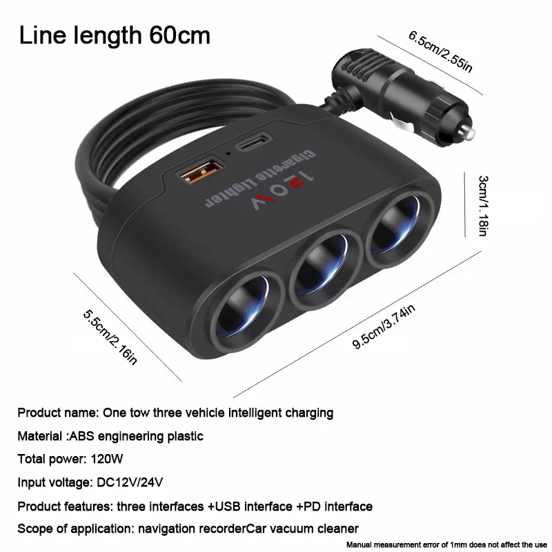 3 in 1 Dual USB Socket 120 W Sigarettenaansteker Splitter 12 V 24 V Snelle Oplader plug Telefoon Power Adapter voor Auto Dvr g