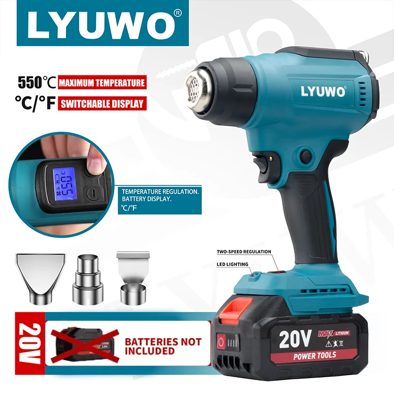 LYUWO 18V Heat Gun Shrink Wrapping Tool Hot Air Gun Air Dryer Soldering Thermal Blower with LED display, Tool only, No battery
