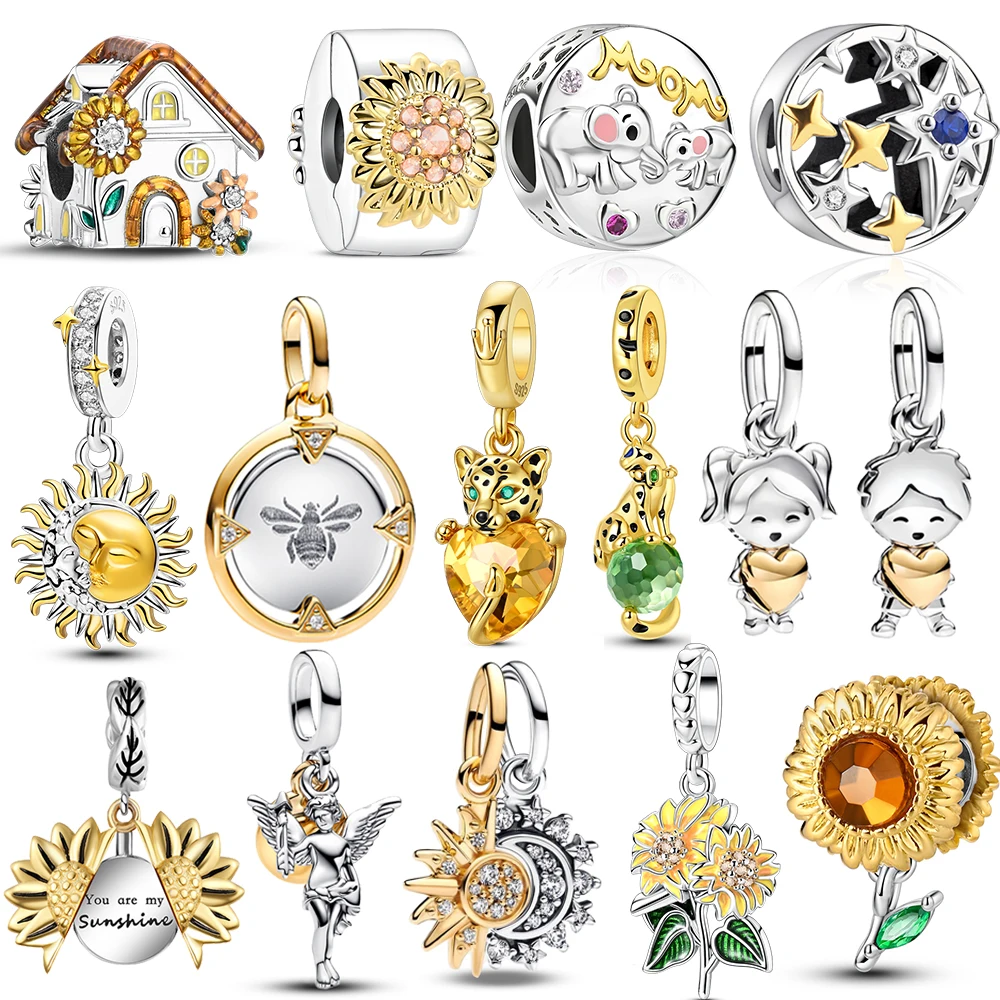 Novo 925 prata esterlina dois tons girassol dourado estrelas da sorte charme caber pulseira & colar sol lua diamante charme jóias diy
