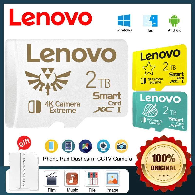 Original Lenovo 2TB Micro TF SD Card SD Card TF/SD 128GB 512GB MicroSD Mini Memory Card Class10 For Camera/Phone/Switch/Drone