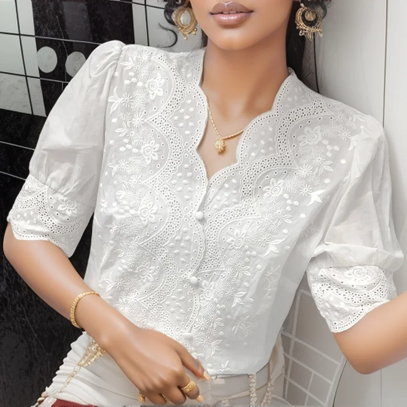 Verão bordado puff manga linho algodão blusa feminina primavera casual branco oco para fora topos camisa de manga curta