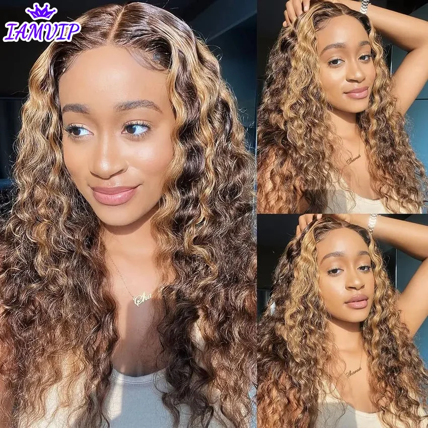 Peruca frontal de onda profunda com destaque, cabelo humano, frente de renda marrom, perucas sem cola, pronto para usar, 13x6 HD